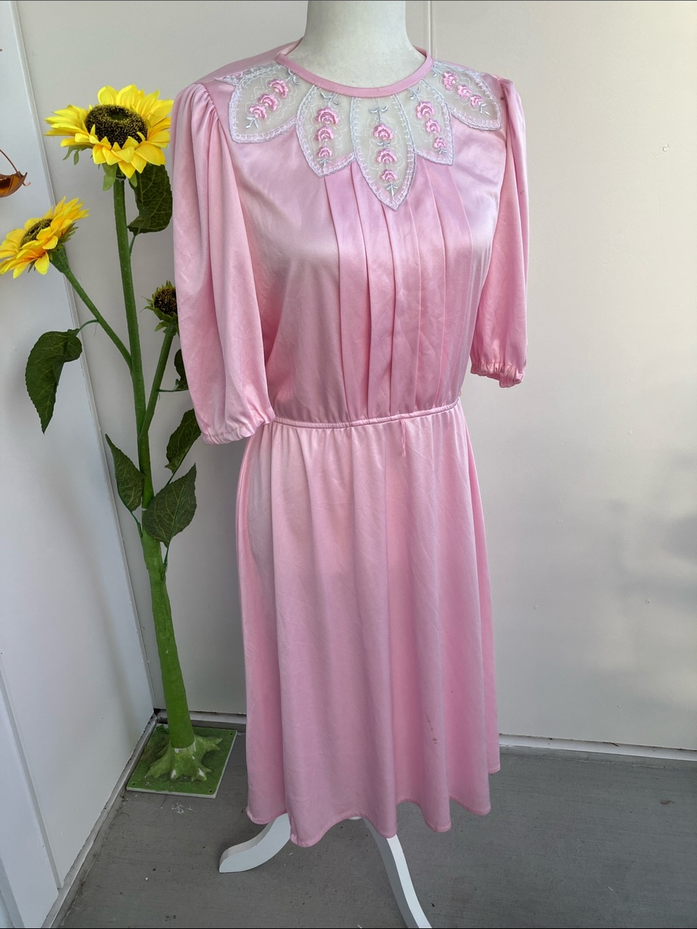 Vintage 70s 80s Shimmery Pink Monochrome DMidi Dress  w Sheer Neckline